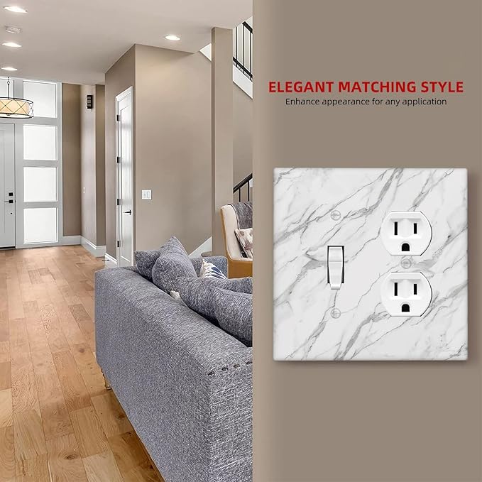 Decorative Outlet Covers Modern Grey Marble Texture 2 Gang Light Switch Cover Plate Single Toggle Duplex Wall Plates for Electrical Outlets Switch Plate Covers for Bedroom Kitchen Decor