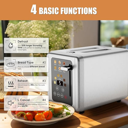 2 Slice Toaster,Touchscreen & Dual Independent Control Panel,5 Basic Functions & Digital Countdown Toasters,6 Shade Settings＆6 Bread Types,Smart Bread Maker Mute/Screen-Off,Titanium