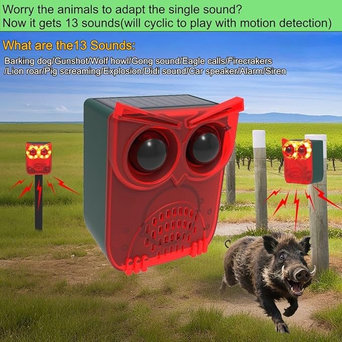 HULPPRE Solar Outdoor Motion Sensor Alarm-13 Sounds Including Dog Barking&Gunshot,130db Loud Noise Maker,4 Modes,Motion Activated Strobe Light,Say Goodbye to The Intruders