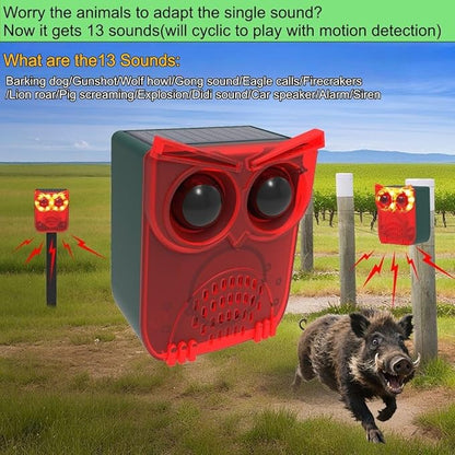 HULPPRE Solar Outdoor Motion Sensor Alarm-13 Sounds Including Dog Barking&Gunshot,130db Loud Noise Maker,4 Modes,Motion Activated Strobe Light,Say Goodbye to The Intruders