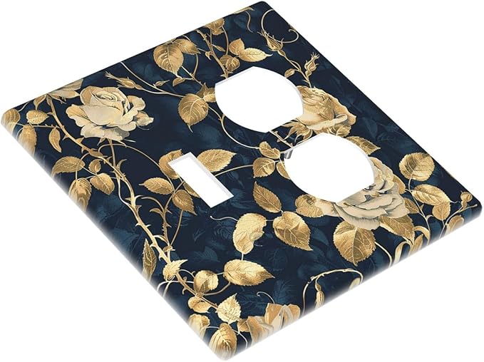 Wallplates Boho Vintage Floral Golden Flower Dark Blue Background 1 Toggle 1 Duplex Switch Plate Electrical GFCI Faceplate Decorative Light Switch Covers for Bedroom living Room Decor