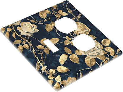 Wallplates Boho Vintage Floral Golden Flower Dark Blue Background 1 Toggle 1 Duplex Switch Plate Electrical GFCI Faceplate Decorative Light Switch Covers for Bedroom living Room Decor