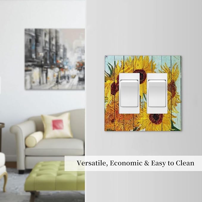 Decorative Outlet Covers Sunflowers Oil Paintings Wood Floral 2 Gang Double Gfci Rocker Electrical Wall Panels Light Switch Cover Plate For Farmhouse Bed Room Decor