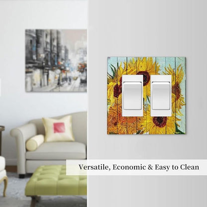 Decorative Outlet Covers Sunflowers Oil Paintings Wood Floral 2 Gang Double Gfci Rocker Electrical Wall Panels Light Switch Cover Plate For Farmhouse Bed Room Decor
