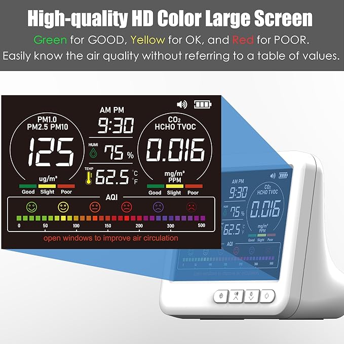 Professional Indoor Air Quality Monitor with 7X AQI,16 in 1 Portable Real-Time Detector for PM2.5 | PM10 | CO2 | TVOC | HCHO | Temp | Hum for Home Cars Plants Pets (White)