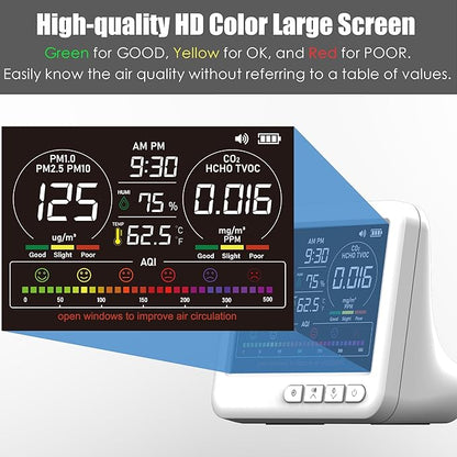 Professional Indoor Air Quality Monitor with 7X AQI,16 in 1 Portable Real-Time Detector for PM2.5 | PM10 | CO2 | TVOC | HCHO | Temp | Hum for Home Cars Plants Pets (White)