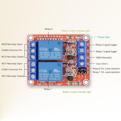 [2-Pack] DC 12V Relay Module 2-Channel Relay Switch with Optocoupler Isolation High/Low Level Trigger