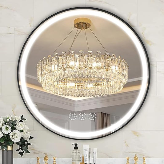 32 Inch Round Led Mirror, Bathroom Mirror with Lights, Black Metal Framed Frontlit Circle Mirrors for Wall with Anti-Fog, Memory Function, 3 Color Temperature, Dimmable Makeup Mirror