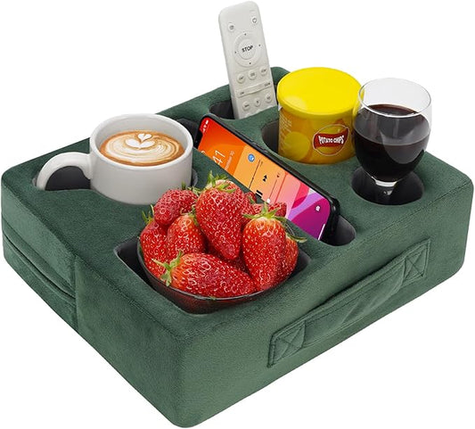 G GOOD GAIN Couch Cup Holder Pillow-Sofa Cup Holder Cozy Buddy | Bed Drink Caddy Holds Tablet, Remote, Snacks | Waterproof Anti-Spill Sofa Beverage Tray for Car, Park, Beach, Picnic, Boat, RV(Green)