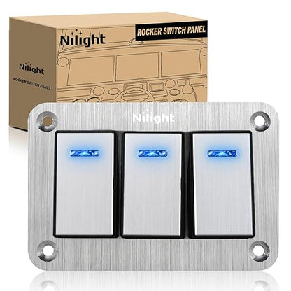 Nilight 3 Gang Rocker Switch Panel 3 Pin On Off Pre-Wired Blue LED Waterproof Aluminum with DIY Stickers for 12V 24V Automotive Cars Marine Boats UTV Truck Jeeps