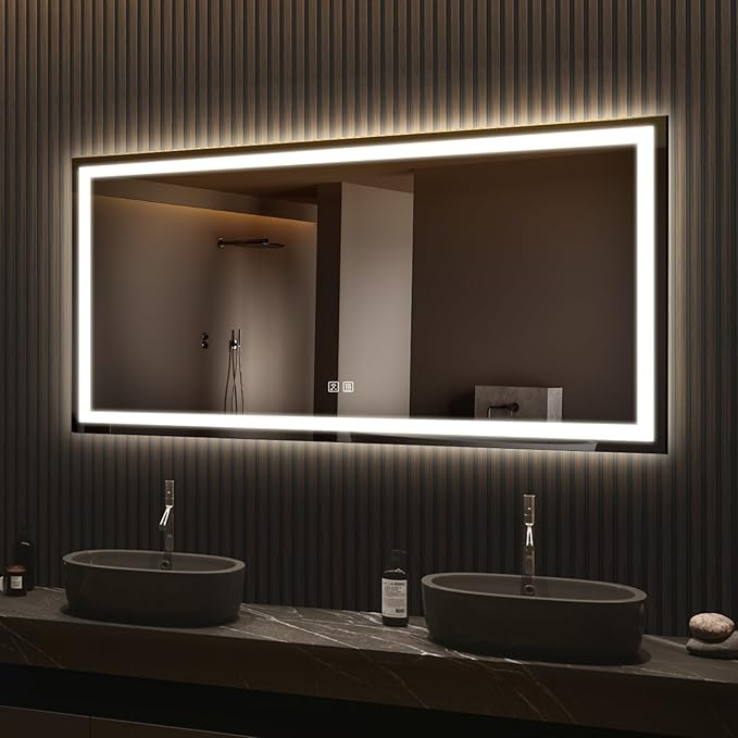 APRILSOUL 60x40 Inch LED Bathroom Mirror with Front and Backlit, Makeup Mirror with 3 Color Lights, Memory Function, Anti-Fog and Dimmable Light (Horizontal)