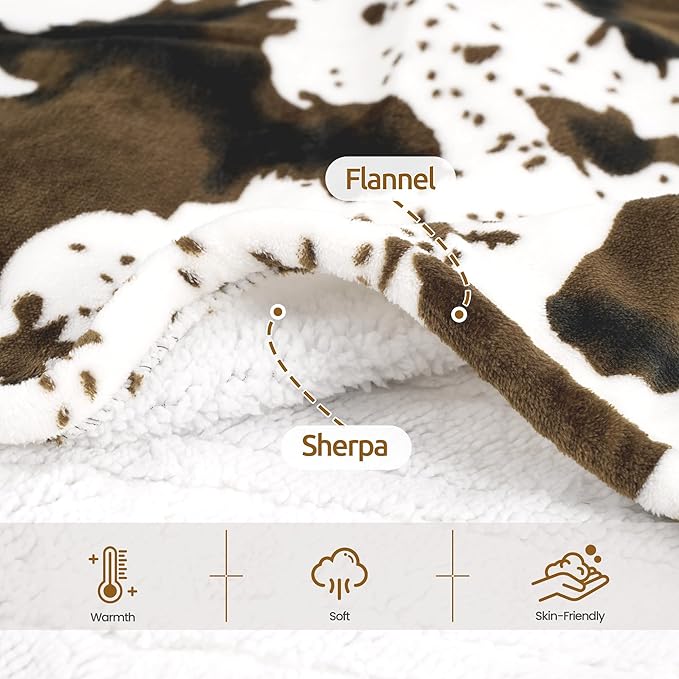 Brown Cow Print Heated Throw Blanket, Electric Blanket with 6 Heat Settings & 1-12H Timer, Cozy Soft Flannel Sherpa, Machine Washable, Warm Gift for Women, 50"x60"