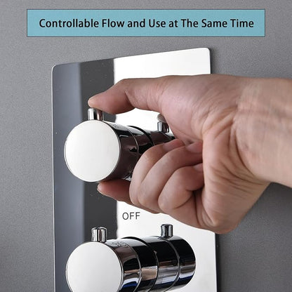 Modern Thermostatic 3 Way Shower Valve Replacement, Bathroom Concealed Brass Mixer Mixing Shower Diverter Valve Kit in Chrome, Can Run Together