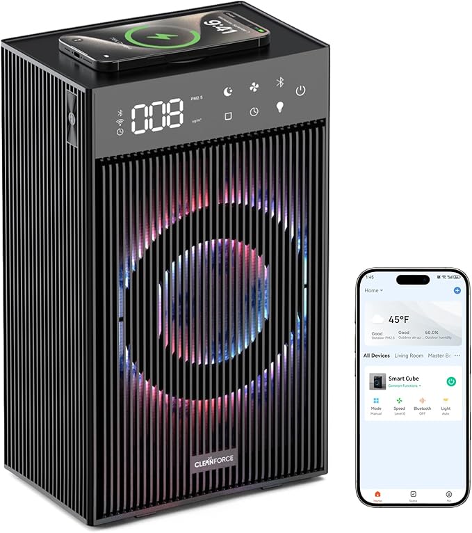 CleanForce Cube | 4-in-1 Desk Smart Air Purifier with Bluetooth Speaker, Wireless Charger & Aroma Diffuser | for Home Office, Bedroom | FCC Certified | Quiet & Space Saving