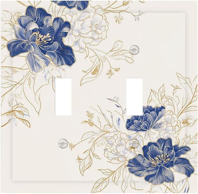 Decorative Light Switch Cover Plate Rustic Blue Flower Floral Gold Leaf 2 Gang Outlet Covers Double Toggle Wall Plates for Electrical Outlets Switch Plate Covers Faceplate for Home Decor