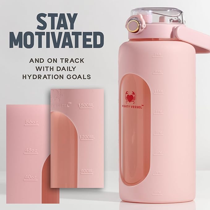 64 oz Glass Water Bottle – Pink | Half Gallon Borosilicate Bottle with Straw, Silicone Sleeve, Time Marker – Cute Leakproof Water Jug for Women, Gym, Travel