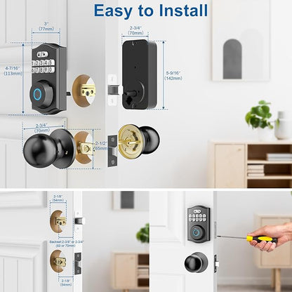 Fingerprint Door Lock with Door Knobs Set, Keyless Entry Door Lock Deadbolt with Handle, Smart Front Door Lock Set with APP Control/Fingerprints/Passwords/Auto-Lock/Easy Installation Black