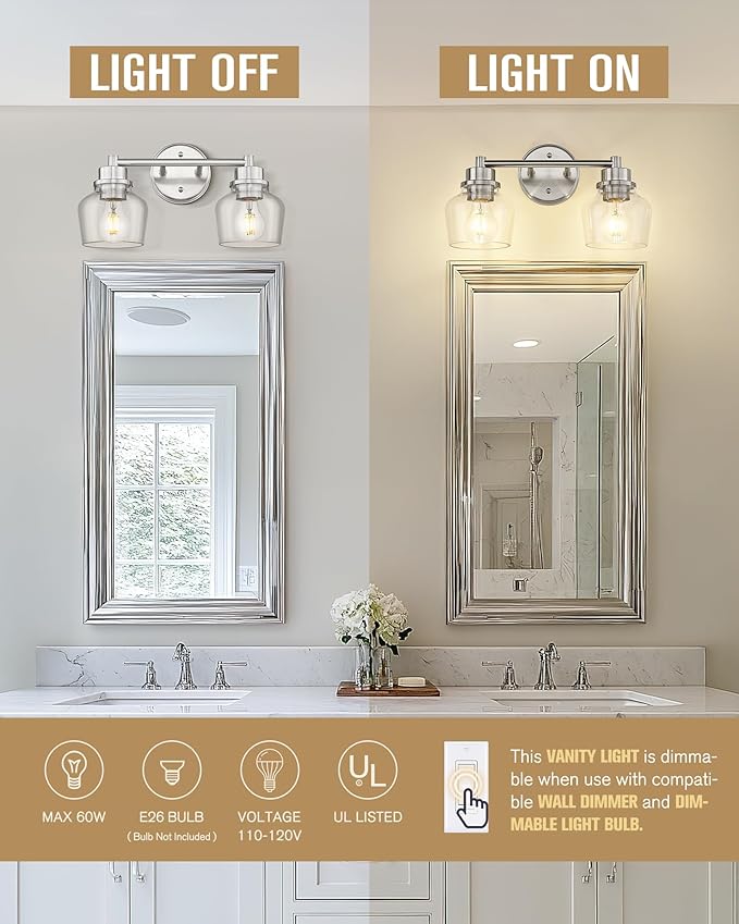 Emak 2-Light Vanity Lights, Brushed Nickel Bathroom Lights Over Mirror with Clear Glass Shade, Modern Bathroom Wall Sconces, VL122-BN-CG-2