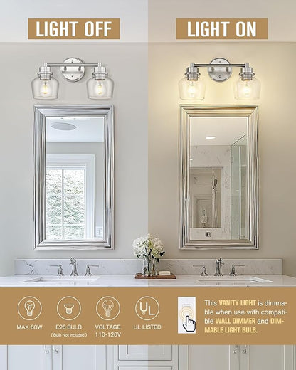 Emak 2-Light Vanity Lights, Brushed Nickel Bathroom Lights Over Mirror with Clear Glass Shade, Modern Bathroom Wall Sconces, VL122-BN-CG-2
