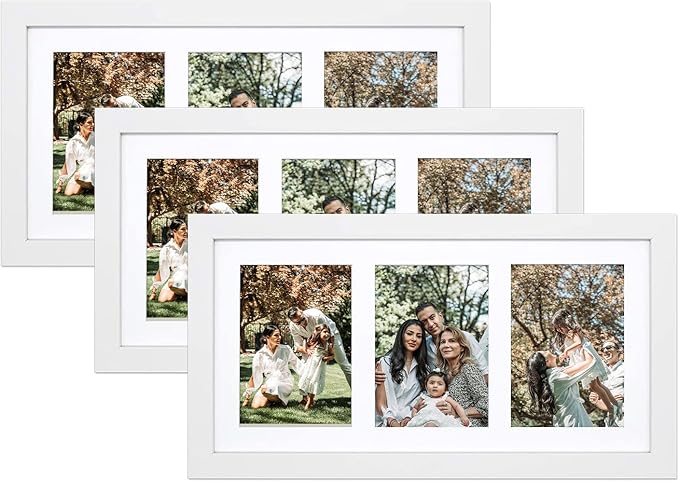 Golden State Art, Set of 3, 9x18 White Wood Frame - White Mat for Three 5x7 Pictures - Sawtooth Hangers- Swivel Tabs - Wall Mounting - Landscape/Portrait - Real Glass - Collage Frame