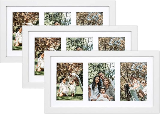Golden State Art, Set of 3, 9x18 White Wood Frame - White Mat for Three 5x7 Pictures - Sawtooth Hangers- Swivel Tabs - Wall Mounting - Landscape/Portrait - Real Glass - Collage Frame