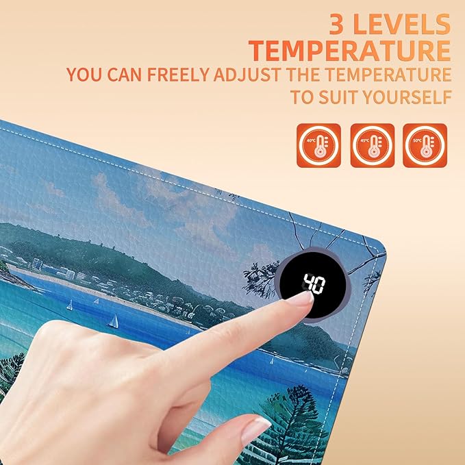Heated Mouse Pad, Warm Desk Pad, Keyboard Mat 23.6 x 14 Inch Large Size Intelligent Fast Heating, 3 Speed Adjustable, Timed Auto Power Off for Game Office Home, Blue Sea Level Beach Woods