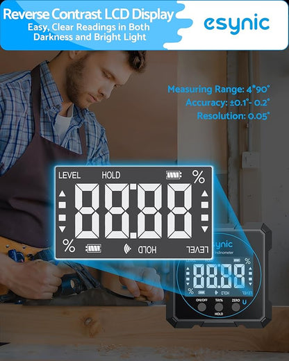 eSynic Digital Level Box - 4-Side Magnetic Digital Angle Gauge with 0.05° High Precision & Large LCD Display- Rechargeable IP54 Waterproof Inclinometer, Aluminum Frame for Woodworking/Construction
