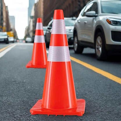 Traffic Safety Cones 28 Inch 6 Pack - Orange Road Parking Cones with Reflective Collars, Heavy Duty PVC Construction Cone Structurally Stable for Road Parking, Traffic Control, Driveway