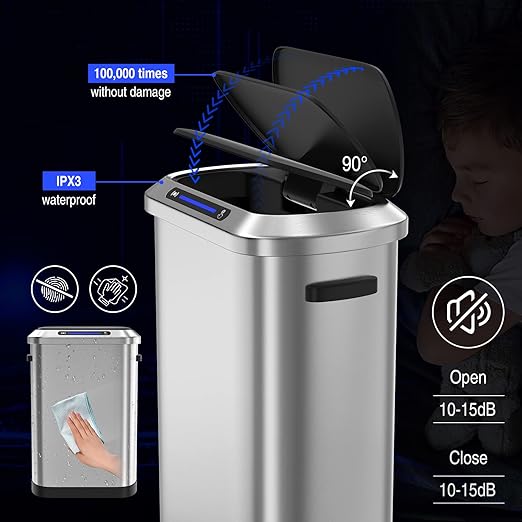 Touchless Automatic Motion Sensor Trash Can, 50L/13 Gallon Stainless Steel Smart Bin for Kitchen, Office, Bedroom, Living Room with Built-in Bag Holder - Black
