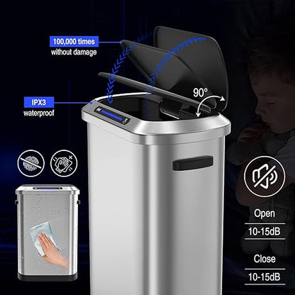 Touchless Automatic Motion Sensor Trash Can, 50L/13 Gallon Stainless Steel Smart Bin for Kitchen, Office, Bedroom, Living Room with Built-in Bag Holder - Black