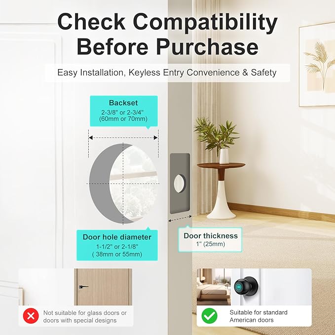 JO.KO 2 Pack Fingerprint Door Lock, Biometric with App Control & Key, Smart Door Knob for Bedroom, Entry Door, Keyless Finger Print Door Knob with Thumb Print Black, Different Keys