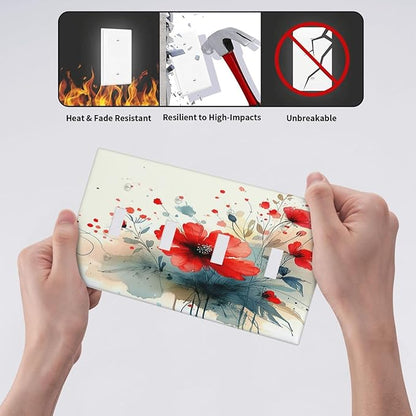 Vintage Floral Red Watercolor Modern Light Switch Covers Quad Toggle 4 Gang Wall Plate Decorative Switch Plates Electrical Faceplate for Bedroom Bathroom Decor