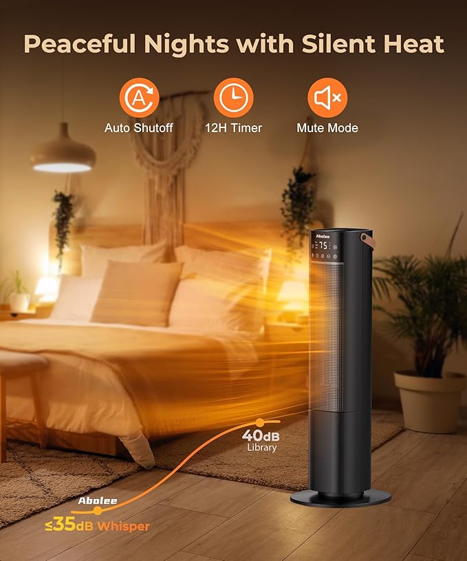 Space Heaters Indoor Use, 26" 12ft/s Electric Heater with Remote, 1500W Electric Heaters with 75°Oscillation, 1-12H Timer, PTC Electric Heater for Large Room, Bedroom Home Office1