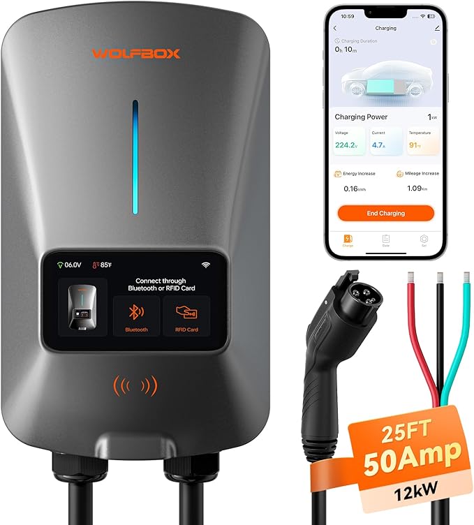 WOLFBOX EV Charger Level 2 50 Amp - Smart Display, RFID Card, 25ft Cable, Outdoor/Indoor, Hardwired Level 2 Charger, WiFi Enabled Electric Car Charger, 240V Electric Vehicle Charging Stations