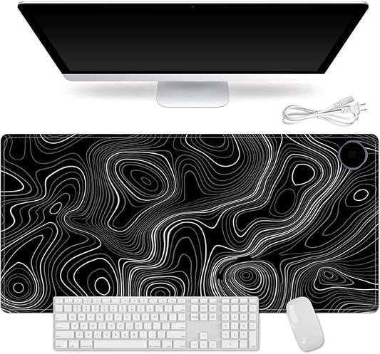 Heated Mouse Pad for Desk 31.5" x 13" – PU Leather Warm Desk Pad with 3 Heat Levels (104°F/113°F/122°F), Plug-in Electric Heating Mat with Auto Shut-Off, Waterproof & Rollable, Topographic Lines