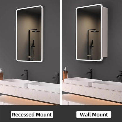 Medicine Cabinet with LED Lights and Mirror, 20 x 28 Inch Surface or Recessed Mounted Bathroom Cabinet with Door, Defogger, Memory Function, 3-Color Mode, Outlet&USB, Dimmer, Storage Shelf