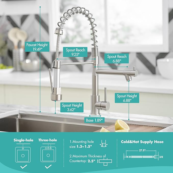 AIMADI Commercial Kitchen Faucet with Dual Spouts, Brushed Nickel Single Handle Stainless Steel Pull-Down Sink Faucet, Suitable for Farmhouse Camper Laundry Rv Bar