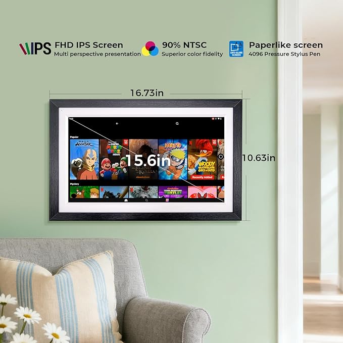 15.6" All-in-one Smart Display|Digital Google Calendar No Subscription|Picture Frame with Anti-Glare Touchscreen|Built-in Li-Battery|Wall-Mount or Desktop|Google Home Hub,App Store (15.6" Walnut Wood)