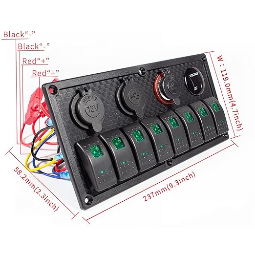 8 Gang Rocker Switch Panel, 3.1A Dual USB Charger Socket with Multi-Function LED Digital Voltmeter, 12/24V Wired Toggle Switch Panel for Automotive Cars Marine Boats RVs(Green)