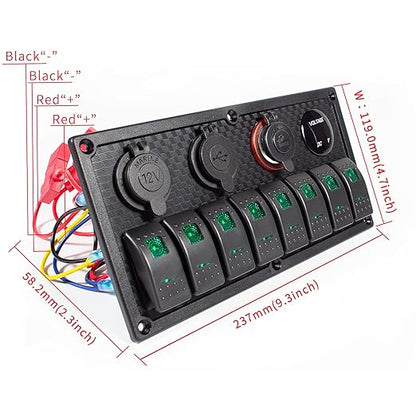 8 Gang Rocker Switch Panel, 3.1A Dual USB Charger Socket with Multi-Function LED Digital Voltmeter, 12/24V Wired Toggle Switch Panel for Automotive Cars Marine Boats RVs(Green)