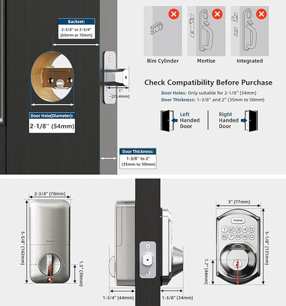 TEEHO TE002 Fingerprint Door Lock - Keyless Entry Door Lock - Electronic Keypad Deadbolt - Smart Locks for Front Door - Auto Lock - Easy Installation - Satin Nickel