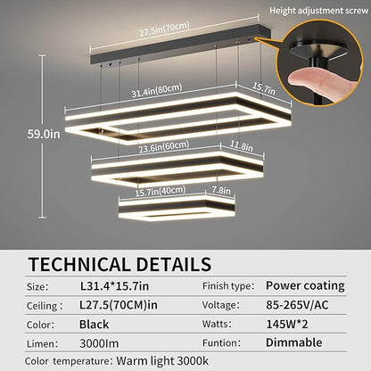 Modern Ceiling Pendant Light, LED Chandelier with Remote Control Dimmable 3 Color Mode & Brightness, Anti-Flicker Pendant Lights Kitchen Island Light Fixture for Dining Room Living Room