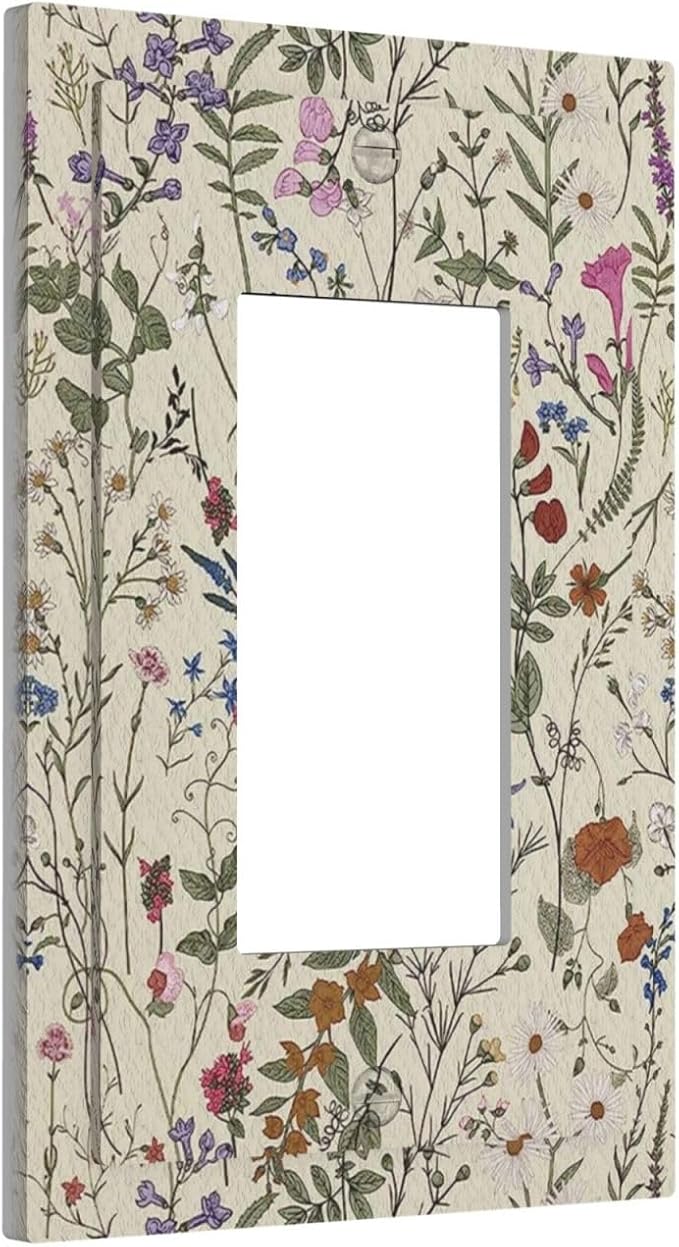 Beige Background Boho Flowers Plant Leaf 1 Gang Rocker Light Switch Covers Single Decora Outlet Wall Plate Decorative Switchplate Faceplate GFCI for Country Bathroom Bedroom Decor