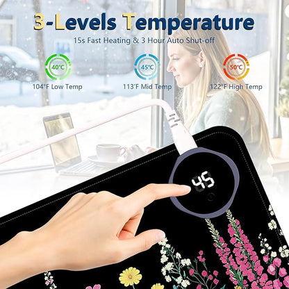Heated Mouse Pad with 3 Temperature Settings(104°F–122°F),Large 31.5x13 Inch PU Leather Heated Desk Mat,Waterproof Warming Pad for Office,Gaming & Cold Hands Relief,Garden Flowers