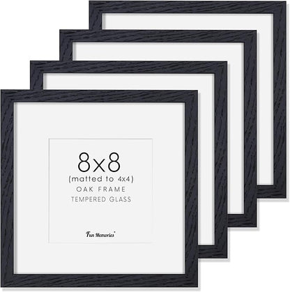Fun Memories Rustic Oak 8x8 Picture Frame, Solid Oak Wood, 8"x8" Square Photo Frame with Tempered Glass, Matted to 4"x4", Black, Set of 4