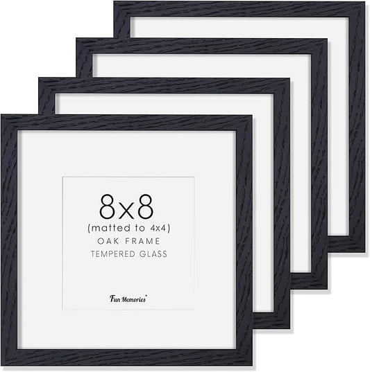 Fun Memories Rustic Oak 8x8 Picture Frame, Solid Oak Wood, 8"x8" Square Photo Frame with Tempered Glass, Matted to 4"x4", Black, Set of 4
