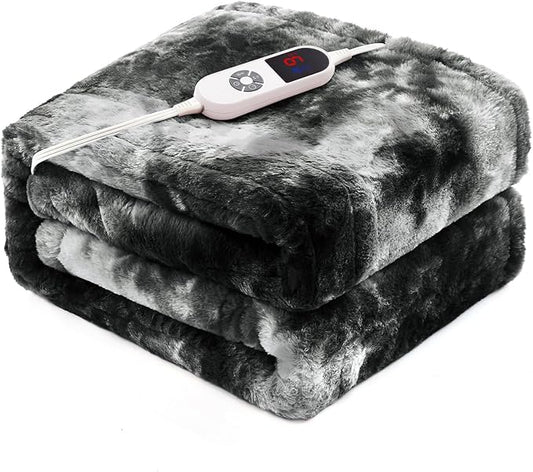 Electric Heated Throw Blanket 50"x60",Luxury Black Faux Rabbit Fur Electric Blanket,Fast Heating Soft Fluffy Thick Electric Blanket with 6 Heating Levels & 12H Auto Off
