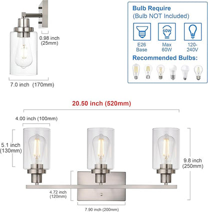 MELUCEE 3 Lights Wall Sconce Brushed Nickel Finished Modern Bathroom Vanity Light Fixtures with Clear Glass Shade Suit for Porch Bedroom Foyer Kitchen (Patent No.: US D963914 S)
