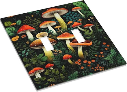 Decorative Light Switch Plate Covers Boho Red Mushroom Green Leaf Plants Floral 2 Gang Wall Plate Double Toggle Switch Cover Plate Electric Dual Device Electrical Faceplate