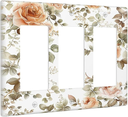 Light Switch Covers Vintage Warm Color Orange Flowers And Leaves 3 Gang Rocker Electrical GFCI Decorative Triple Outlet Wall Plate Cover Switchplate for Bedroom living Room Decor
